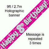 Load image into Gallery viewer, Happy 8th Birthday Blue /Pink 9ft Holographic Foil party banner Birthday Decorations