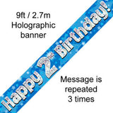 Load image into Gallery viewer, Happy 2nd Birthday Blue 9ft Holographic Foil party banner Birthday Decorations